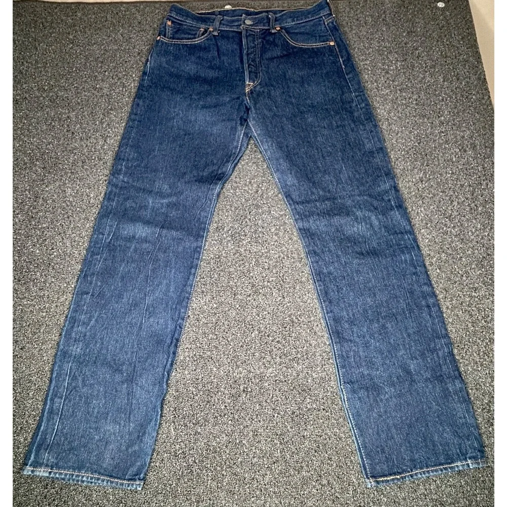 Levis 501 Denim Jeans 34x36‎ (32x32) Button Straight Dark Wash Blue Egypt Stiff